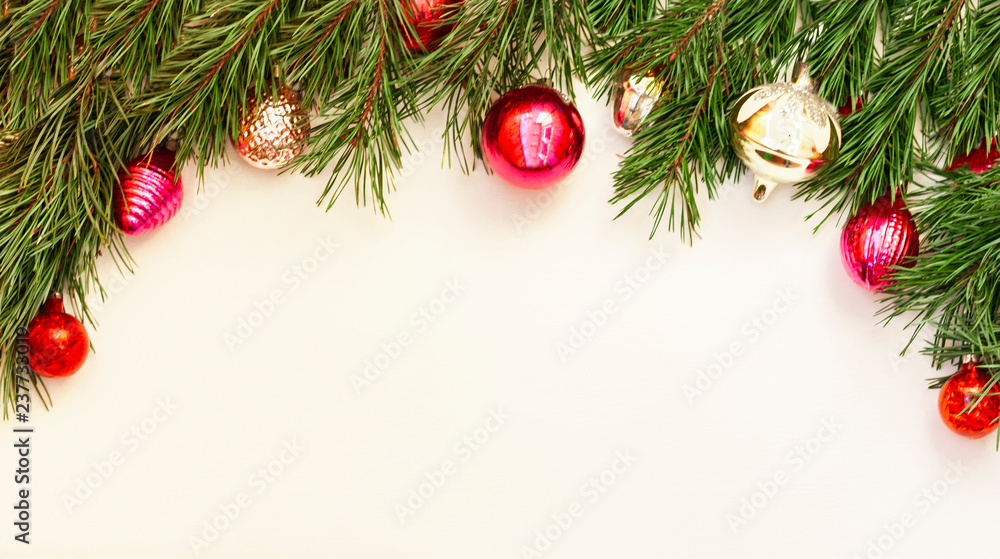 Christmas and New Year composition with decoration on white wooden background with copy space for your text Christmas and New Year composition with decoration on white wooden background with copy space for your text