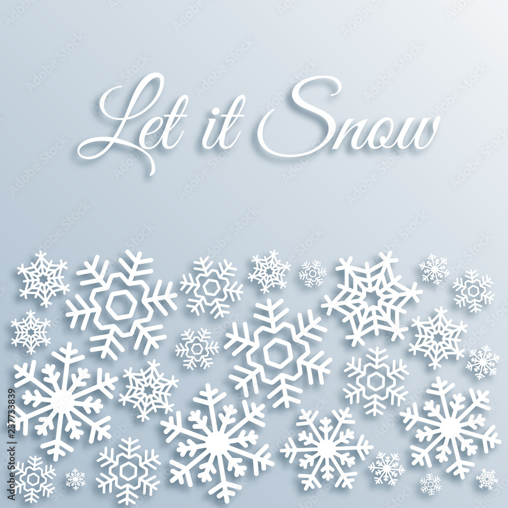 Naklejka premium Paper style Christmas greeting card with white snowflakes. Let it snow text. Xmas vector background template. Elegant poster, creative decoration. New Year, Winter Holidays design for celebration