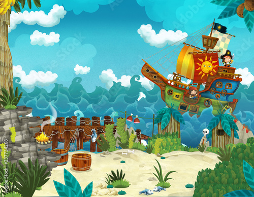 Quadro su tela Cartoon illustration - pirates on the wild island - illustration for the childre