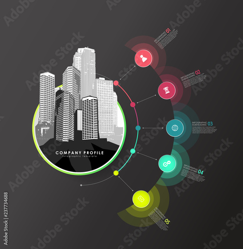 Infographic colorful milestones time line vector template with icons and skyscrapers.