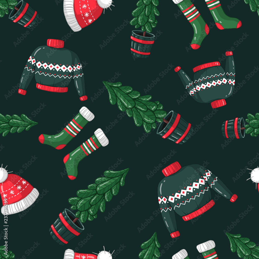 Seamless winter Christmas pattern with cartoon illustration of Christmas tree, sweater, socks, hat. Use for background, texture, textile, paper, cards, invitations.