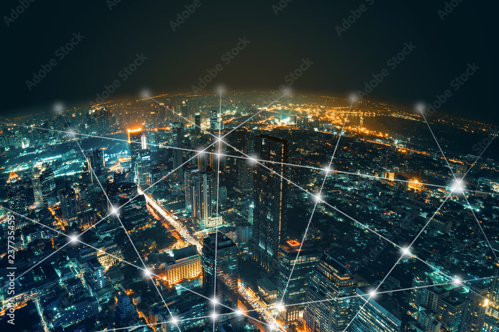 Network and Connection technology night city background at business center  bangkok thailand. Wireless skyline connection with energy light infographic.  Stock Photo | Adobe Stock
