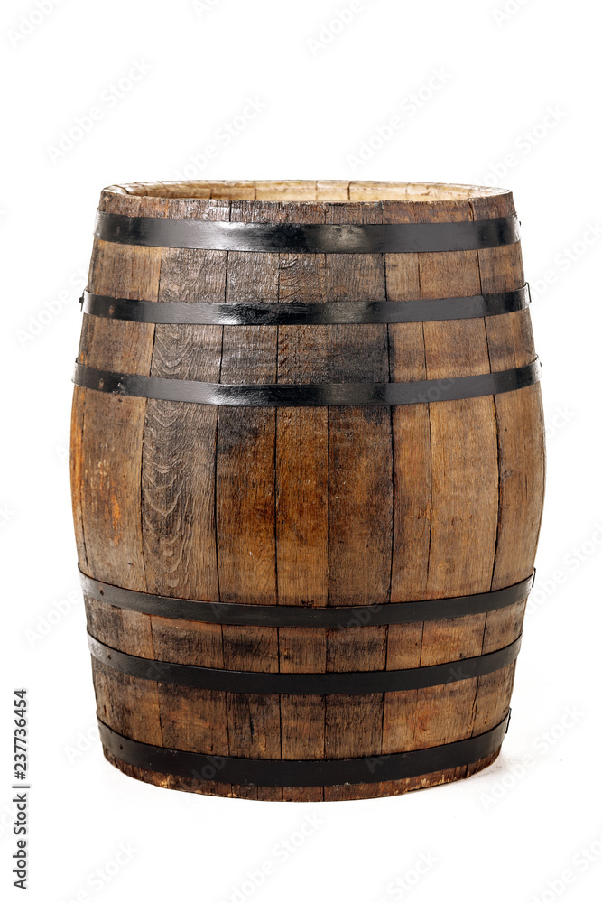 Obraz premium Wooden barrel with iron rings. Isolated on white background.