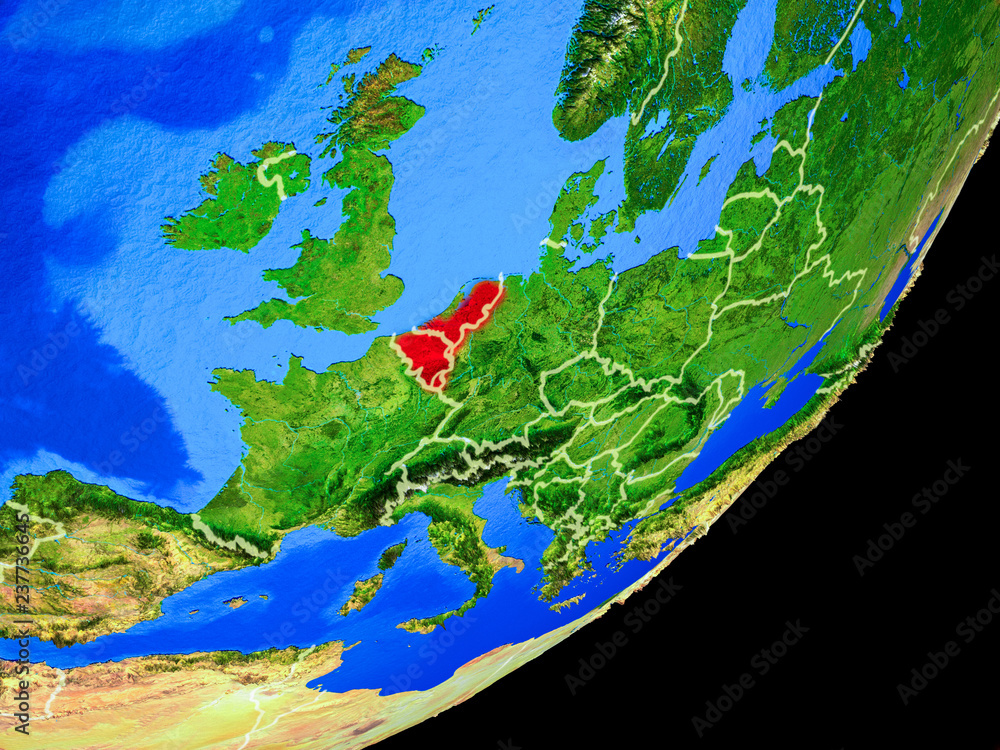 Benelux Union on planet Earth with country borders and highly detailed planet surface.