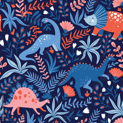 Hand drawn seamless pattern with dinosaurs and tropical leaves and flowers. Perfect for kids fabric, textile, nursery wallpaper. Cute dino design. Vector illustration.