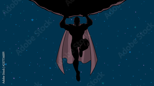Comic style Illustration of powerful and brave superhero holding huge asteroid above his head.