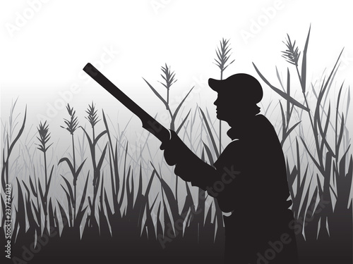 Hunting for wood grouses. Hunters open season. The bird sits on a tree branch. Pine forest. Wildlife. Black and white illustration. Vector.