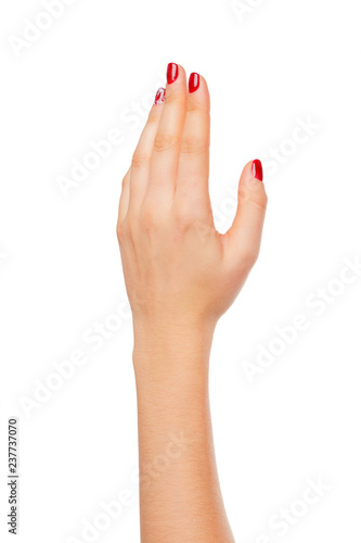 Beautiful woman hand sign holding isolated on white background