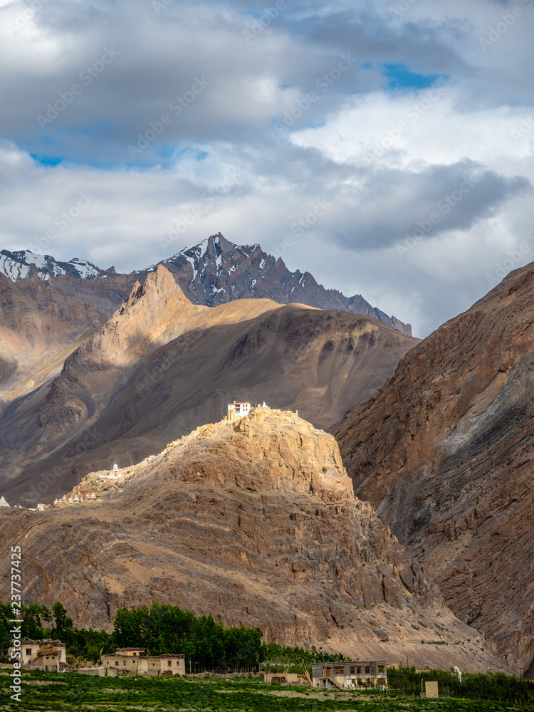 Fototapeta premium Brown Himalayan Mountains Overlooking Green Fields