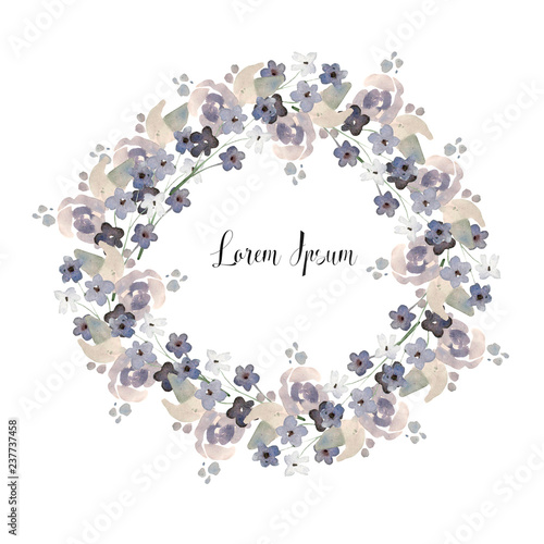 Beautiful watercolor wedding wreath with delicate  leaves and flowers. Illust...