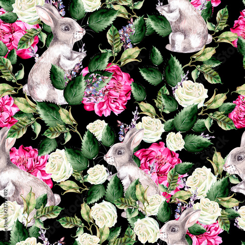 Watercolor pattern with Fanny banny, green leaves, peony and roses flowers.