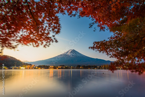 Mount Fuji, Autumn in Mt. Fuji, Japan - Lake Kawaguchiko , Colorful Autumn Season and Mountain Fuji with morning sunrise and red leaves at lake Kawaguchiko, Japan.