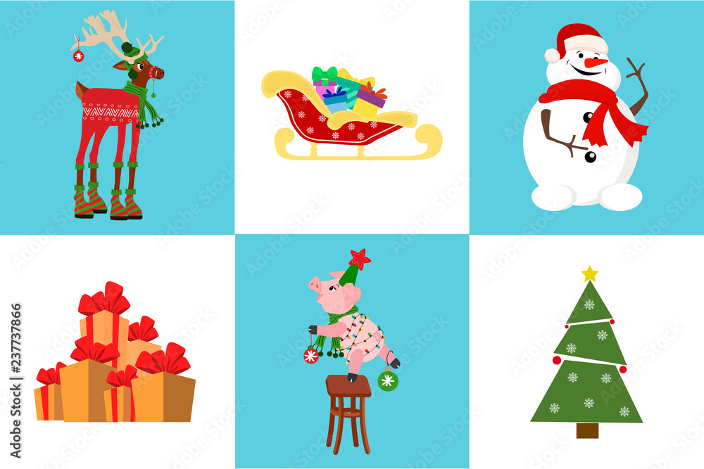 Set of cute cartoon characters: cute piglet hanging Christmas tree toy and deer, snowman, sleigh, presents. Christmas theme. Set of cute cartoon characters: cute piglet hanging Christmas tree toy and deer, snowman, sleigh, presents. Christmas theme.