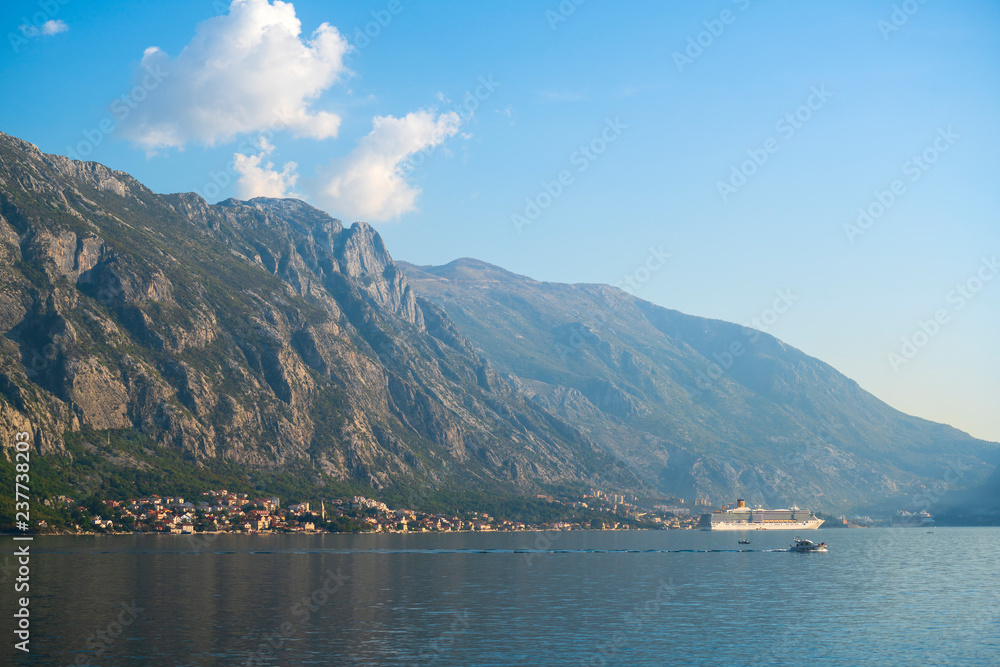 Beautiful nature landscape with sea and mountain view at bay Kotor in Montenegro