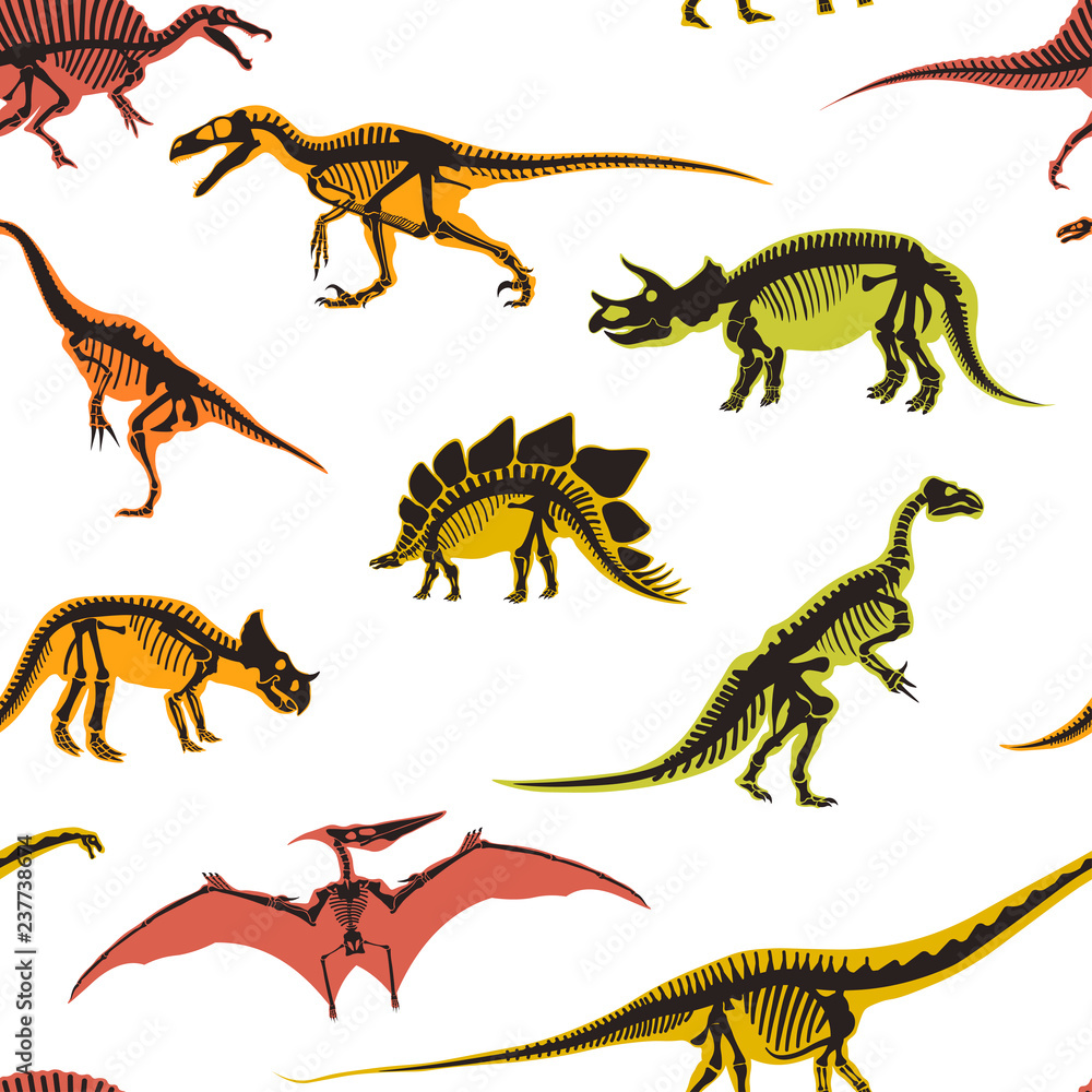 Fototapeta premium Dinosaurs and pterodactyl types of animals seamless pattern isolated on white background vector.