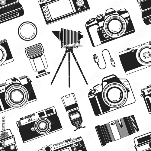Camera photograph, portable old style apparatus equipment for photographers seamless pattern vector.