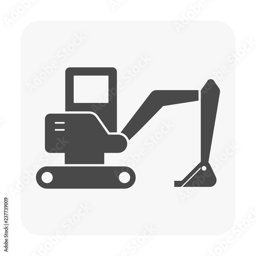 Excavator or backhoe vector icon. Heavy machine equipment or digger vehicle consist of hydraulic, crawler, bucket or shovel for soil dig, clearing and demolition in building construction site, mining.