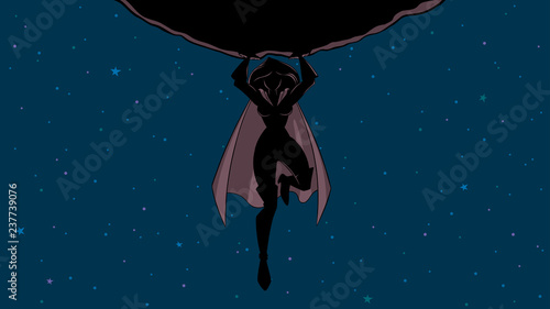Front view full length silhouette illustration of powerful and brave superheroine holding huge asteroid above her head while flying in space near planet Earth.