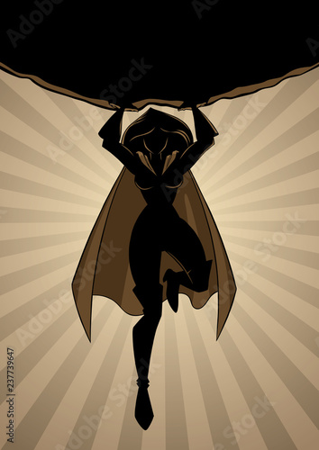 Front view silhouette illustration of powerful and brave superheroine holding a huge boulder above her head during dangerous mission.