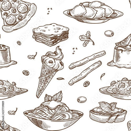 Italian cuisine sketch pattern background. Vector seamless design of traditional Italy food dishes