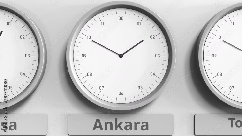 Clock shows Ankara, Turkey time among different timezones. 3D animation Clock shows Ankara, Turkey time among different timezones. 3D animation