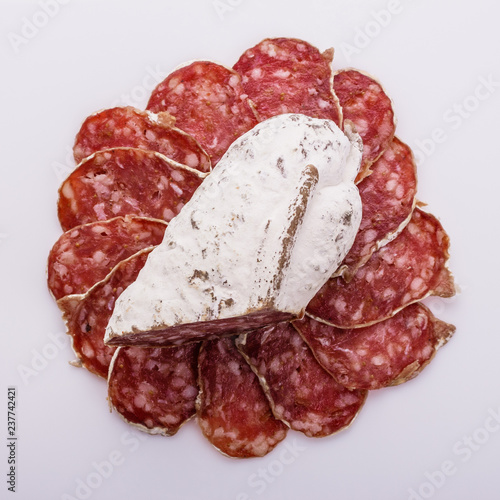 Saucisson sec delicious french salami on a white background