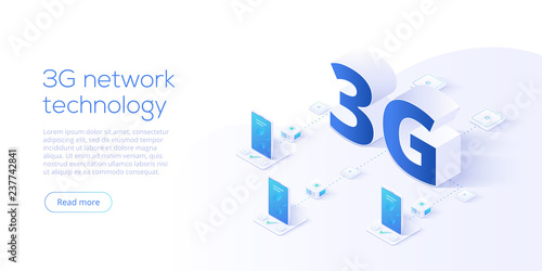 3g network technology in isometric vector illustration. Wireless mobile telecommunication service concept. Marketing website landing template. Smartphone internet speed connection background. photo