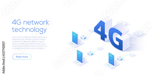 4g network technology in isometric vector illustration. Wireless mobile telecommunication service concept. Marketing website landing template. Smartphone internet speed connection background.