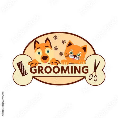 Vector illustration. Cartoon style. Cat and dog icon, grooming pets.