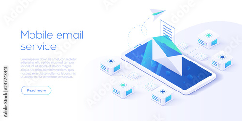 Email service isometric vector illustration. Electronic mail message concept as part of business  marketing. Webmail or mobile service layout for website landing header. Newsletter sending background.