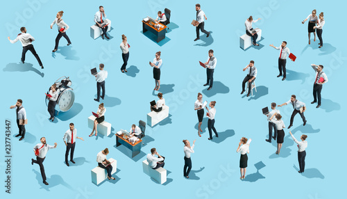 Conceptual image of business processes with businessman and businesswoman. Flat isometric view. The human resources  communication  internet  teamwork concept. Miniature people. Collage