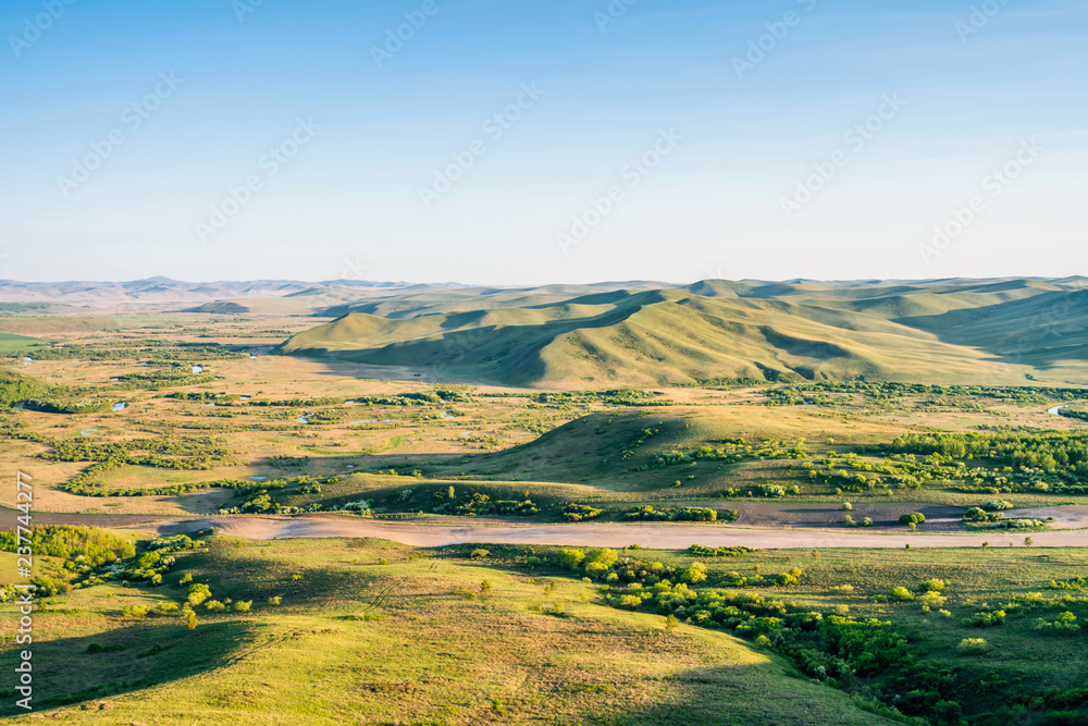 Scenery of the Haraha River Grassland along the Sino-Mongolian Border in the Alshan Mountains, Inner Mongolia, China