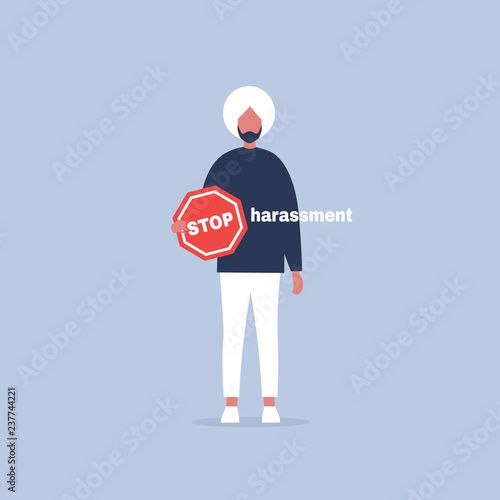 Young indian character holding a stop road sign