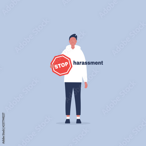 Stop harassment. Conceptual illustration. Young male character holding a Stop road sign. Flat editable vector cartoon, clip art