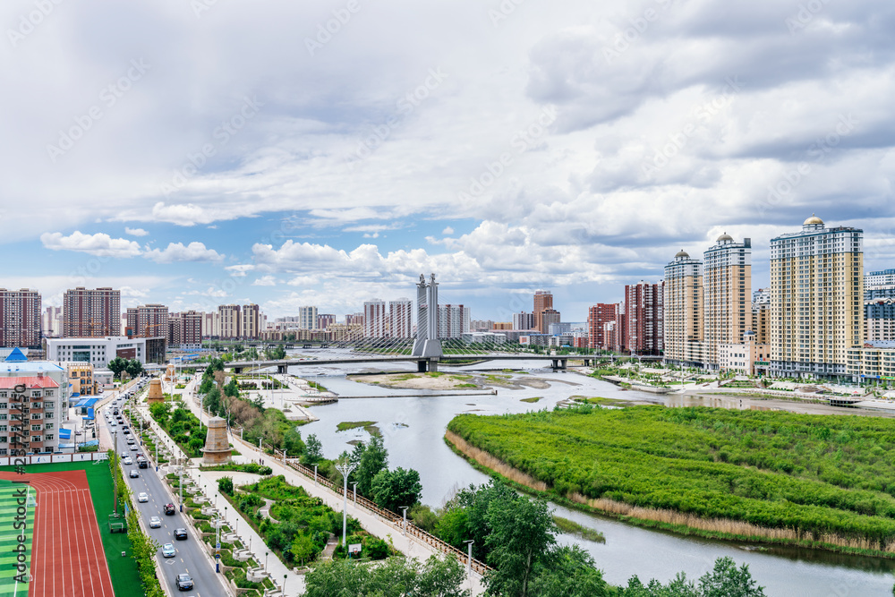Fototapeta premium Overview of Hailaer Hasar Bridge in Hulunbeir, Inner Mongolia
