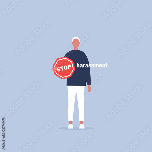 Young character holding a stop road sign