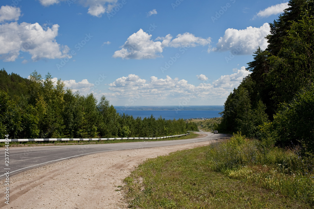 Country road with the view of the Volga river in the district of Khvalynsk. Saratov region. Russia