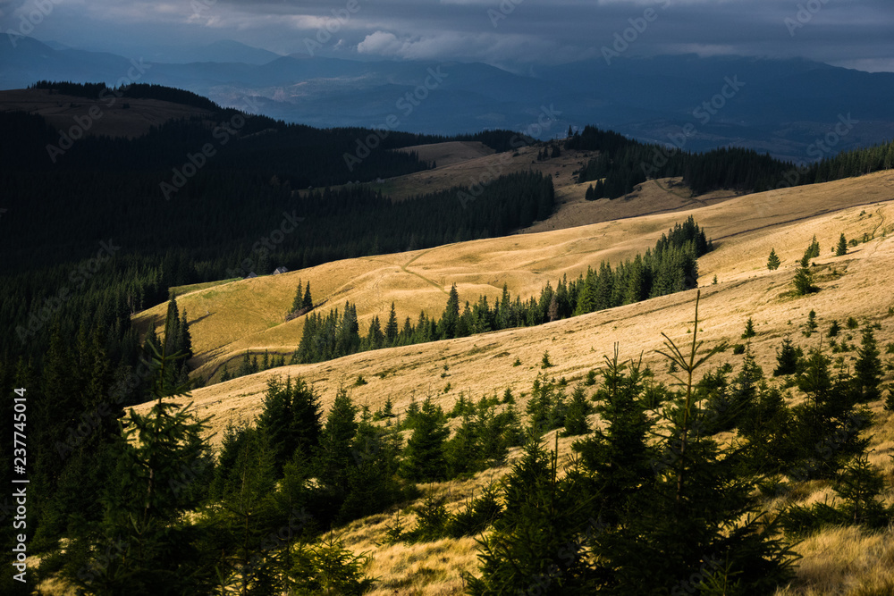 The sun illuminates the Carpathian mountain valley. Autumn in Carpathians mountain. Bright autumn. Location in western Ukraine, Carpathian Mountains