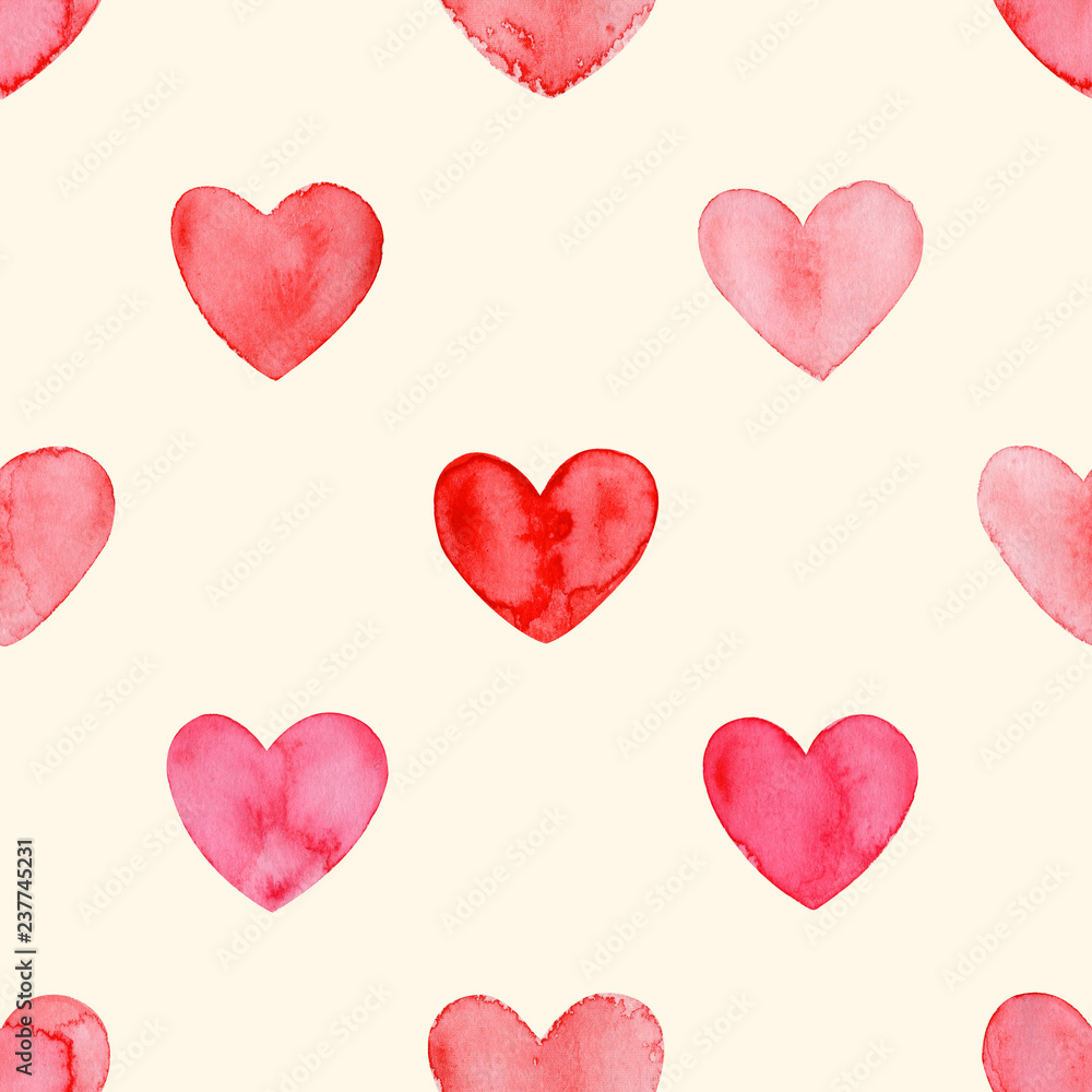 Valentines day, aquarelle illustration. Seamless pattern with bright hand painted watercolor hearts. Romantic decorative background for Valentine's day gift paper, wedding decor or fabric textile.