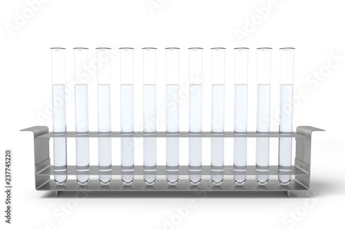 3d rendering of a set of test glasses full of liquid on a white background.