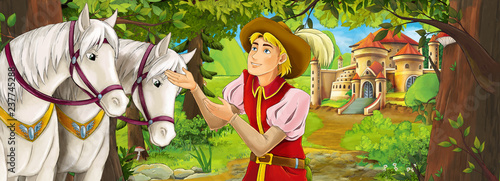 Cartoon nature scene with beautiful castle near the forest with beautiful young prince and horses - illustration for the children