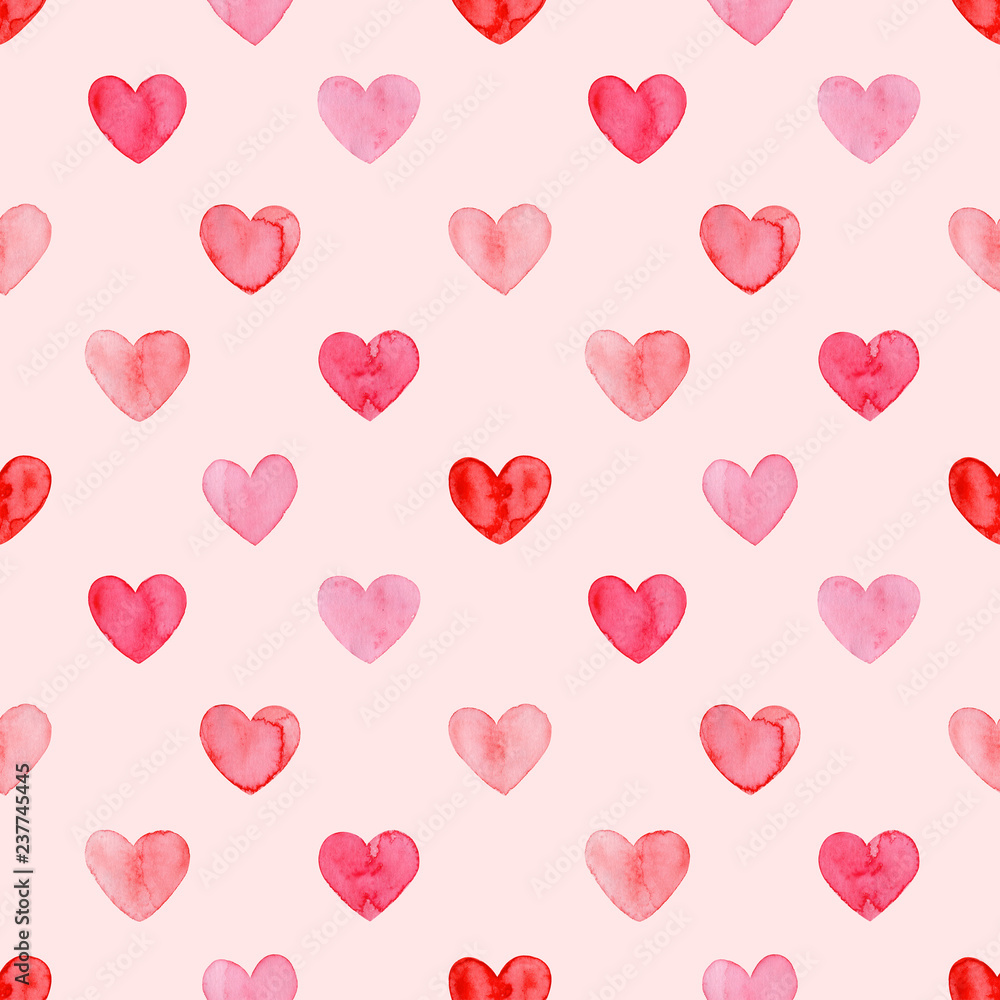 Valentines day, aquarelle illustration. Seamless pattern with bright hand painted watercolor hearts. Romantic decorative background for Valentine's day gift paper, wedding decor or fabric textile. Valentines day, aquarelle illustration. Seamless pattern with bright hand painted watercolor hearts. Romantic decorative background for Valentine's day gift paper, wedding decor or fabric textile.