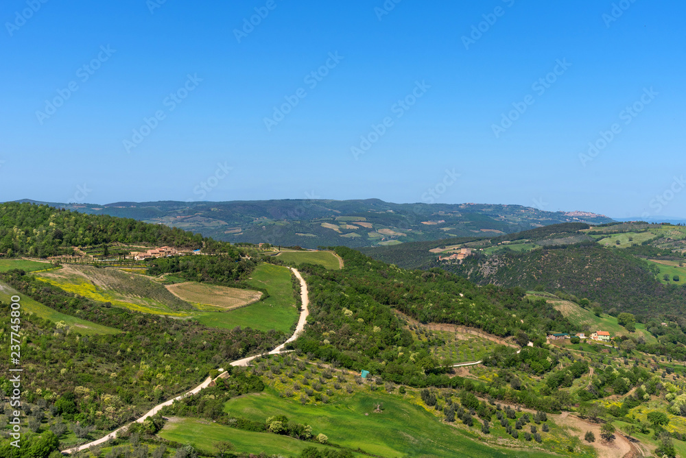 Amazing aerial view of Tuscany from Fortress of Tentennano. Beautiful panorama landscape near Castiglione d'Orcia,Tuscany, Italy