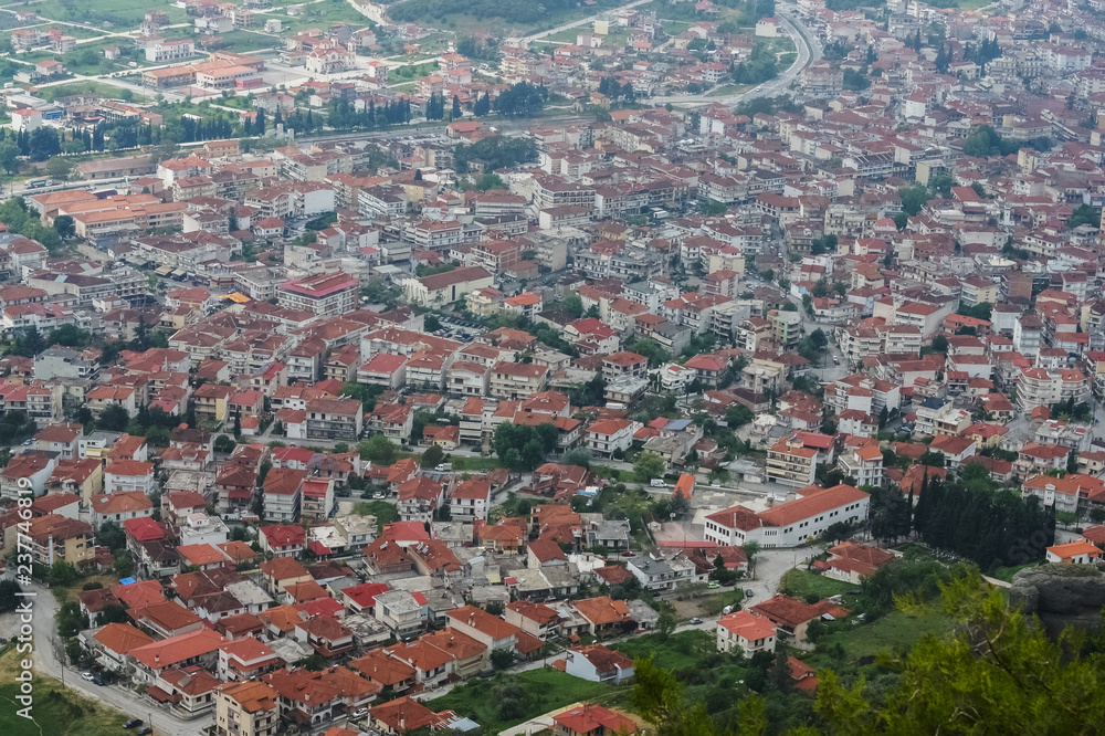 View of small city from top of mountains.