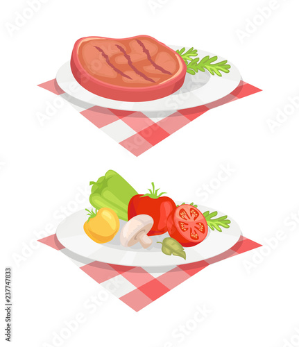 Beefsteak Served on Plate Vector Illustration