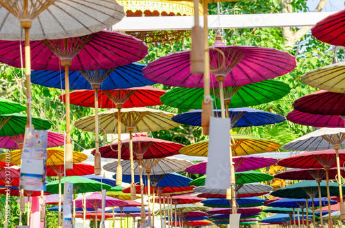 beautiful of hanging colorful umbrella made of fabric