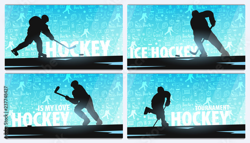 Set of Hockey banners with player and doodle elements on the background. Vector illustration.