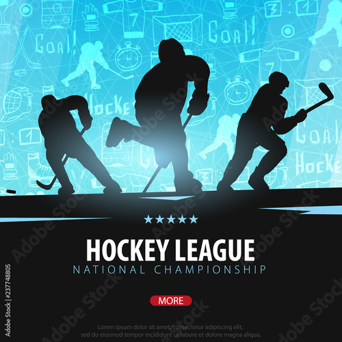 Hockey banner with players and doodle elements on the background. Vector illustration.