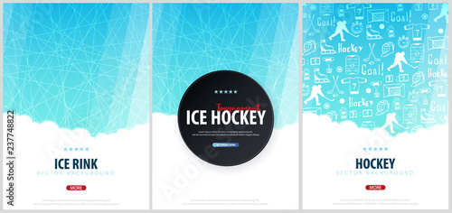 Set of Hockey backgrounds with puck and doodle elements. Vector illustration.