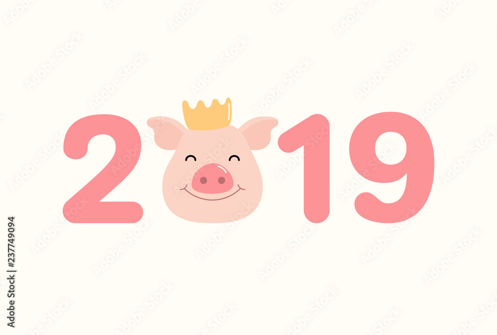 2019 Chinese New Year greeting card with cute pig face in a crown, numbers. Vector illustration. Isolated objects on white background. Flat style design. Concept for holiday banner, decorative element 2019 Chinese New Year greeting card with cute pig face in a crown, numbers. Vector illustration. Isolated objects on white background. Flat style design. Concept for holiday banner, decorative element